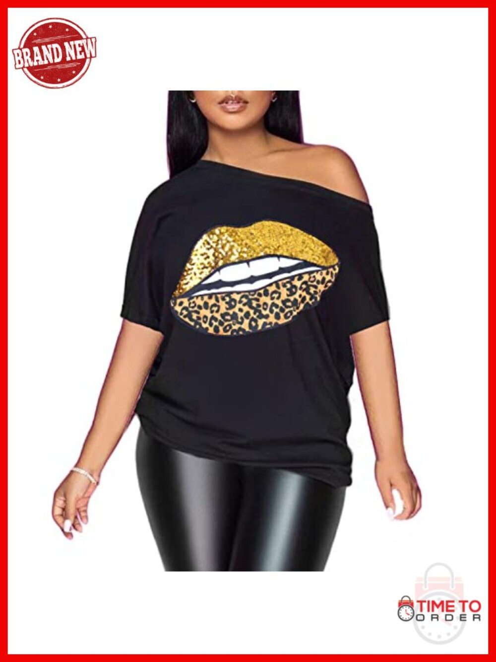 Off Shoulder Metallic Graphic T-Shirt Relaxed Fit Batwing Sleeve